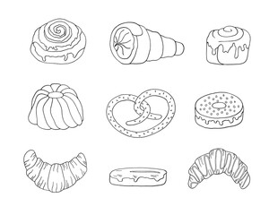 Set of bakery doodle illustration. Hand drawn bakery elements vector collection