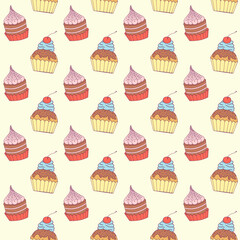 Doodle cupcake seamless pattern.  Cute cupcakes with cream, frosting, chocolate, cherry, strawberry, sweet dessert