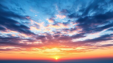 Obraz premium A vibrant sunrise illuminates the sky, featuring a blend of orange, blue, and pink hues with scattered clouds, creating a serene and breathtaking view.