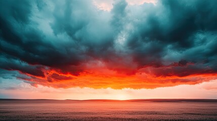 Fototapeta premium A stunning sunset painted with vibrant orange and red hues under dramatic, stormy clouds, creating a breathtaking landscape.
