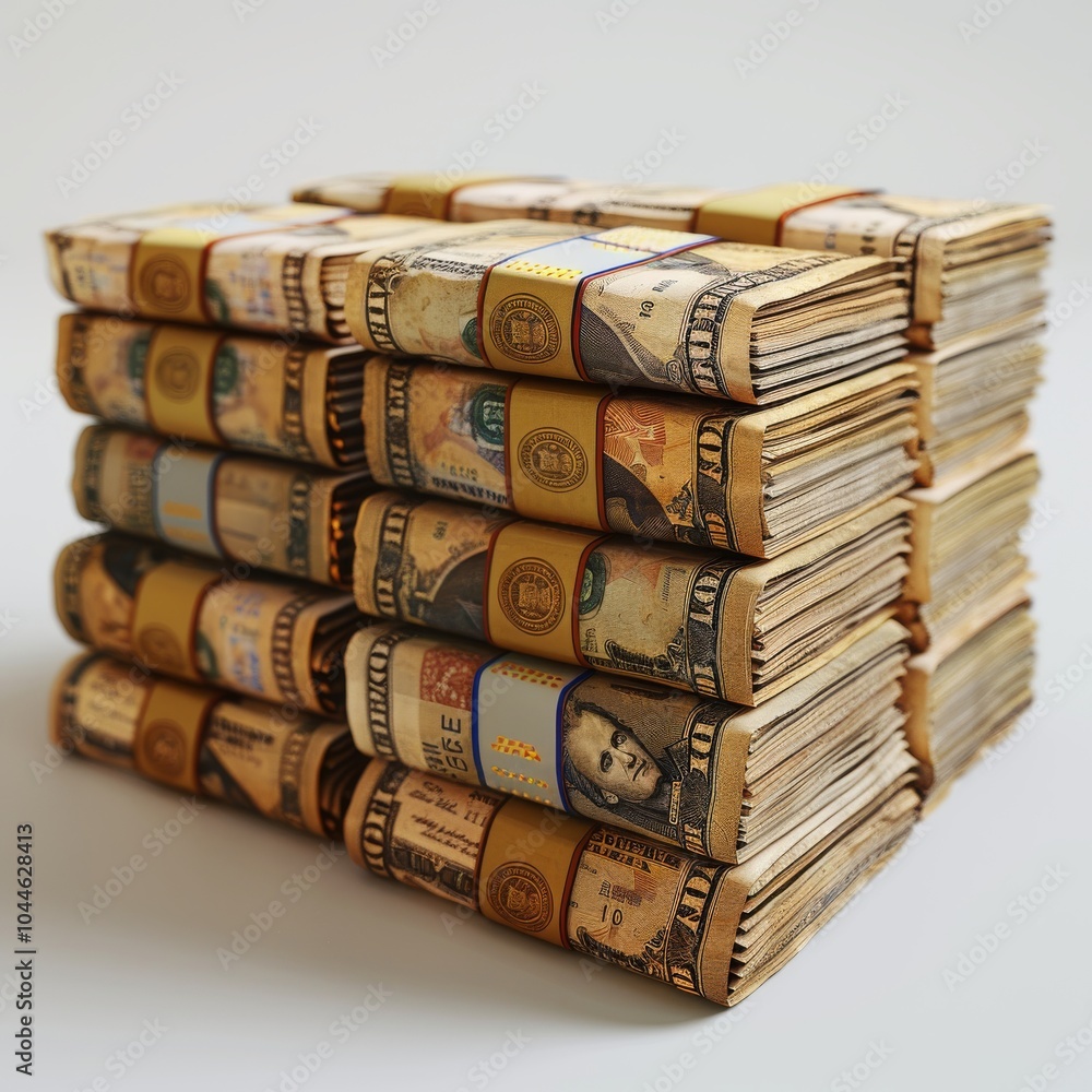 Poster stacked banknotes neatly arranged in rows