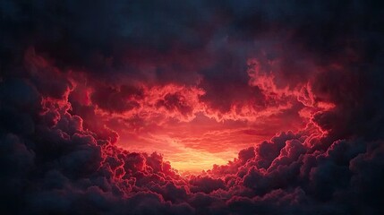 Fototapeta premium A dramatic sunset with vibrant red hues peeking through dark clouds, capturing a striking contrast in the sky.