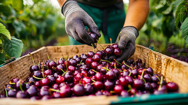 Freshly Picked Sweet Black Cherries in Wooden Crate with Farm Worker Harvesting Lapins