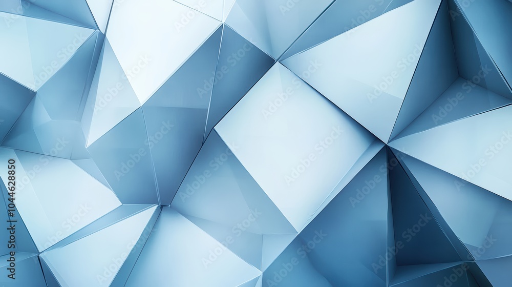 Poster overlapping triangles and polygons in shades of blue and gray, creating a sleek and futuristic look 