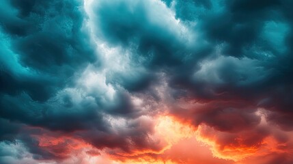 Obraz premium A dramatic sky featuring dark clouds illuminated by vibrant orange hues at sunset, creating a striking contrast of colors.