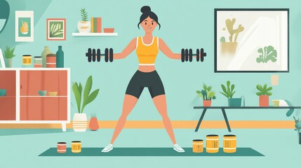 A woman exercising with dumbbells in a bright and stylish home environment filled with plants.