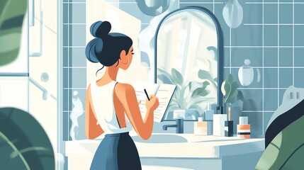 A woman notes self-care tips in a bathroom, surrounded by plants and beauty products, reflecting wellness.
