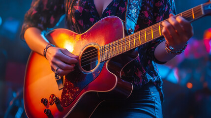 Obraz premium Dynamic Female Guitarist Performing Live on Stage Under Colorful Lights at Night