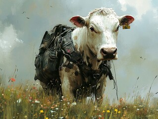 A White Cow With a Backpack in a Field of Flowers