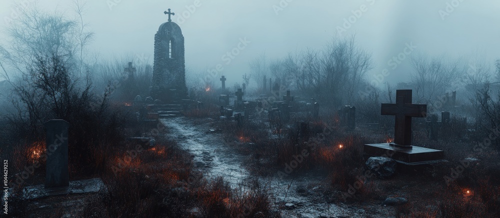 Poster a misty graveyard with a path leading to a large stone cross.