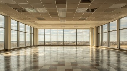 Obraz premium Empty Office Space with Large Windows and a Tiled Ceiling 