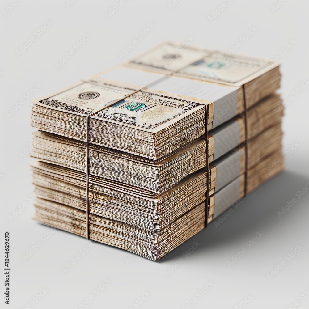 Poster neatly arranged banknotes in stacks on a table