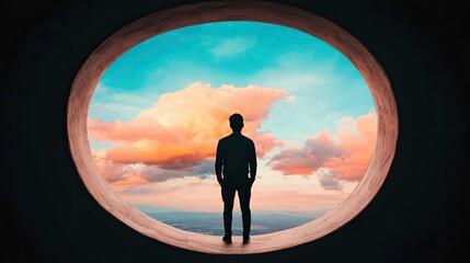 Obraz premium A silhouetted figure stands within an oval opening, gazing at a vibrant sky filled with soft clouds during twilight.
