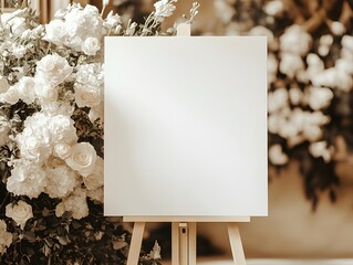 Blank Canvas Wedding Sign Mockup: Rustic Elegance: A blank canvas sign sits on an easel, nestled amidst a lush arrangement of white roses, offering a pristine backdrop for your wedding signage.