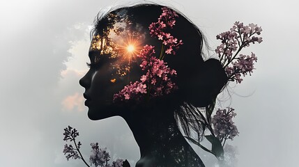 A girl's silhouette with lilacs emerging from her form, the delicate blooms fading into her figure on a light blue background, glowing sunlight adding a surreal touch,