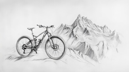 Pencil drawing of mountains and a bicycle on a white sheet.