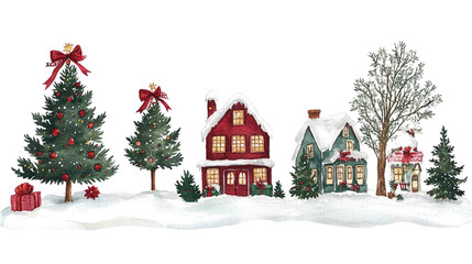 Watercolor Christmas Villages With Festive Trees and Cozy Houses Generative AI