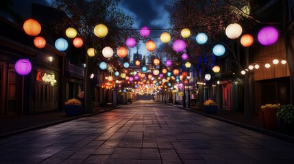 Colorful lanterns illuminate a street, creating festive atmosphere explore the beauty of urban decor and lighting design