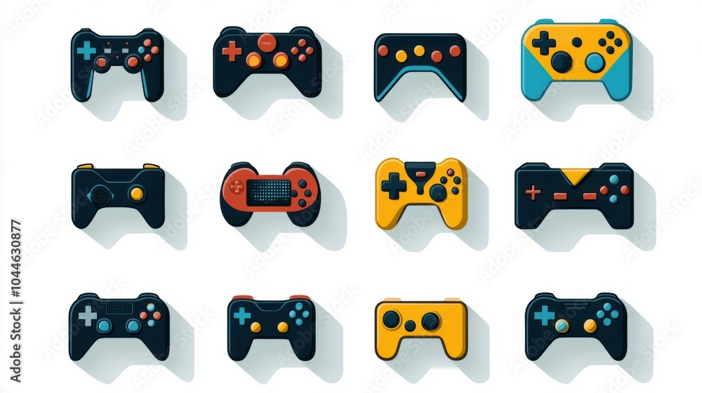 Poster assorted vibrant video game controllers on white background