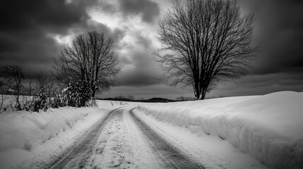 Obraz premium Snowy Road with Trees Under Dramatic Sky