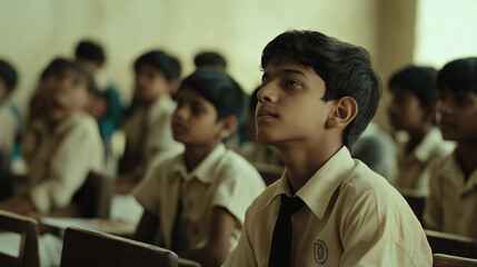 india school boy asking for a doubt in class at government school uniform 