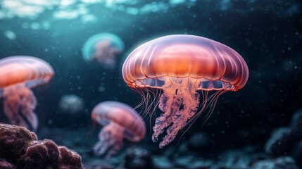 Fototapeta premium Jellyfish swimming gracefully in both aquarium and sea environments with fish in a serene underwater world, illuminated by soft blue light, showcasing the beauty of marine life