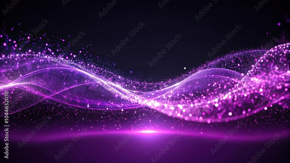 Poster symmetrical abstract purple glowing particles flowing in a wave pattern against a dark background