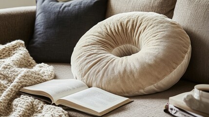 Cozy Living Room with Soft Pillow and Open Book