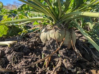 Autumn fieldscape. The ripe roots of the sugar beet rose beautifully above the ground, formed the...