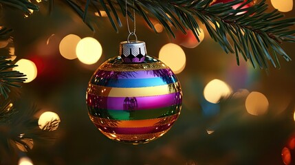 Fototapeta premium Colorful Ornament Hanging from Christmas Tree Branch