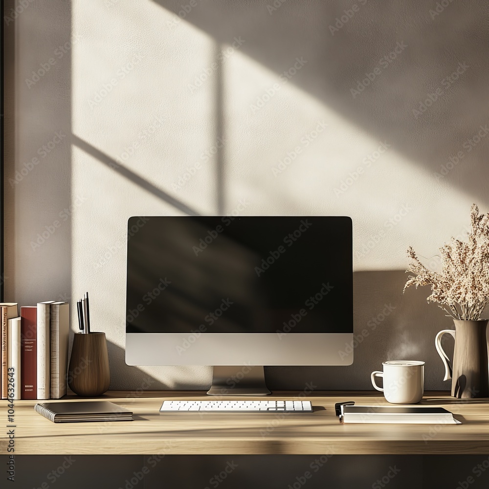 Poster A sleek workspace with a modern computer, notebooks, and a cup of coffee. The wall behind it is light and bright.