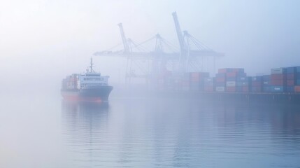 Naklejka premium Cargo Ship Navigating Foggy Harbor Waters