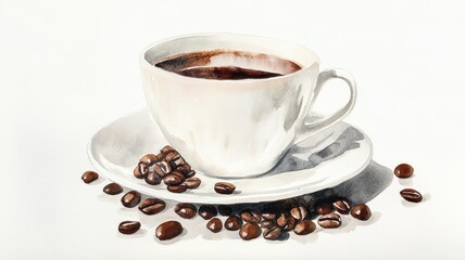 Fototapeta premium Artistic set of vector coffee beans and coffee cup drinks isolated on white background,hand-drawn vector,hot coffee drinks,cafe shop,modern flat design,Fashionable and cute coffee motif concept.