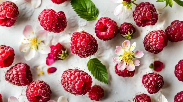 A close-up of ripe raspberries and white flowers on a white surface
