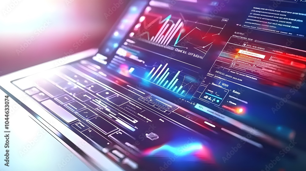 Poster laptop with data analytics and charts.