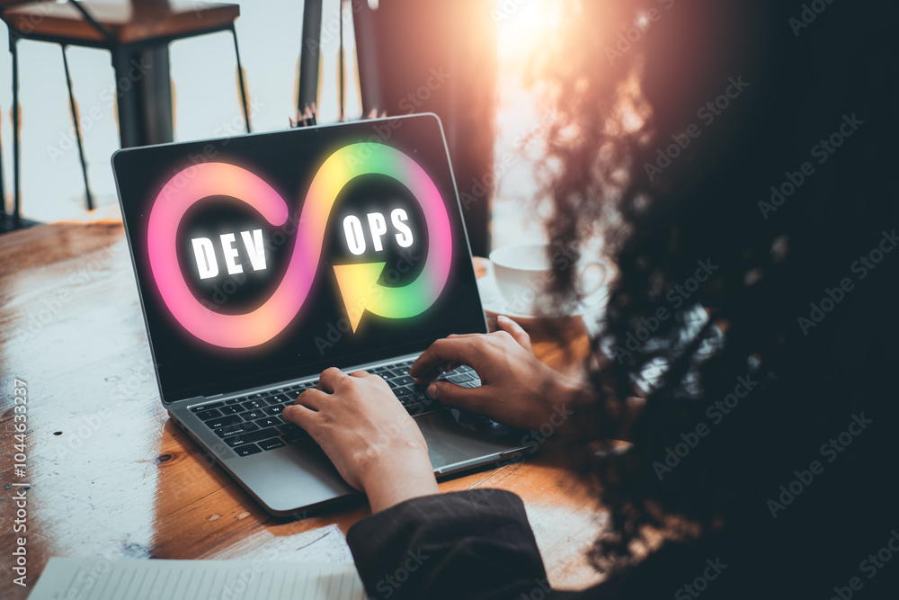 Poster a vibrant depiction of the devops concept featuring an infinity symbol on a laptop, symbolizing cont