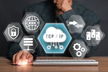 Visual representation of TCP/IP protocol with digital icons and businessman, illustrating modern...