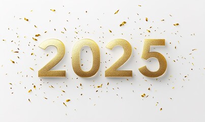 Happy new year 2025 with luxury golden thin numerals on white background.