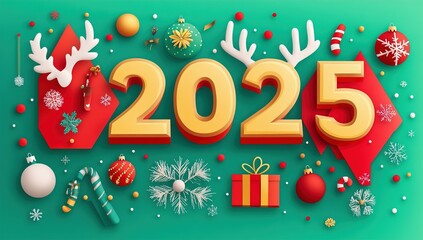Happy new year 2025 with luxury golden thin numerals on white background.