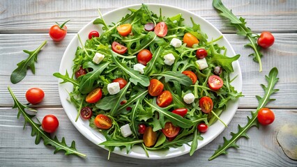 Symmetrical arugula salad with a twist and variety of toppings
