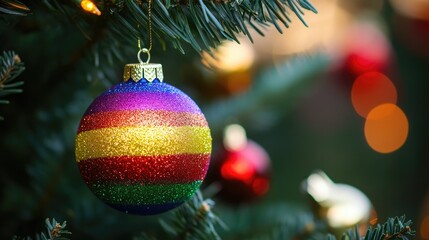 Colorful Ornament Hanging on Christmas Tree Branch