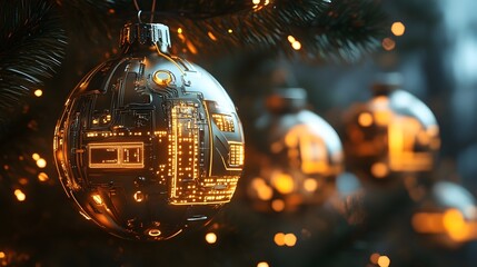 Futuristic Quantum Computing Ornaments Adorning a Christmas Tree with Intricate Metallic Designs and Glowing Interfaces