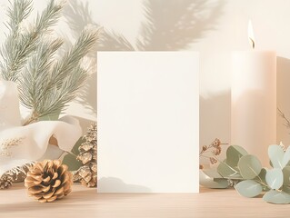 Winter Solstice Mockup: Elegant Christmas Card Mockup with Pine Cones, Eucalyptus, and Candles 