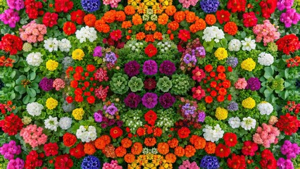 Symmetrical bed with blooming geranium in multiple colors