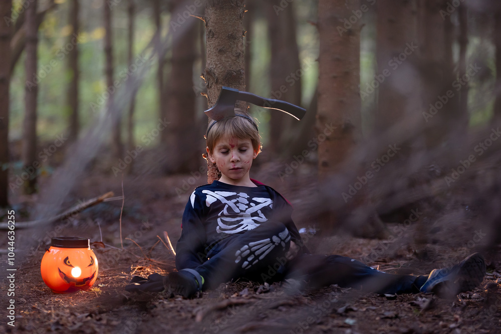 Wall mural Boy in a forest with Halloween costumes, carved pumpkins with candles and decoration, creepy concept