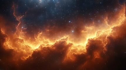 Fototapeta premium A fiery nebula with streaks of orange and yellow gas clouds against a dark starry night sky.