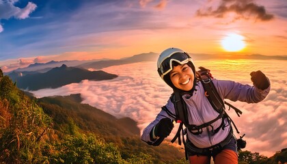 Fototapeta premium The image shows a person standing on a rock at the top of a mountain, surrounded by nature and a wide-open sky, capturing the essence of adventure and the beauty of the outdoors