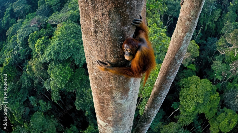 Poster an orangutan clings to a tree trunk high in the rainforest canopy, looking down at the viewer.