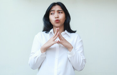 image of sad gloomy asian young business woman manager thinking problem solution look aside keep...