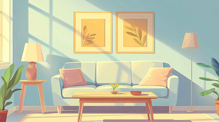 Illustration style modern building living room